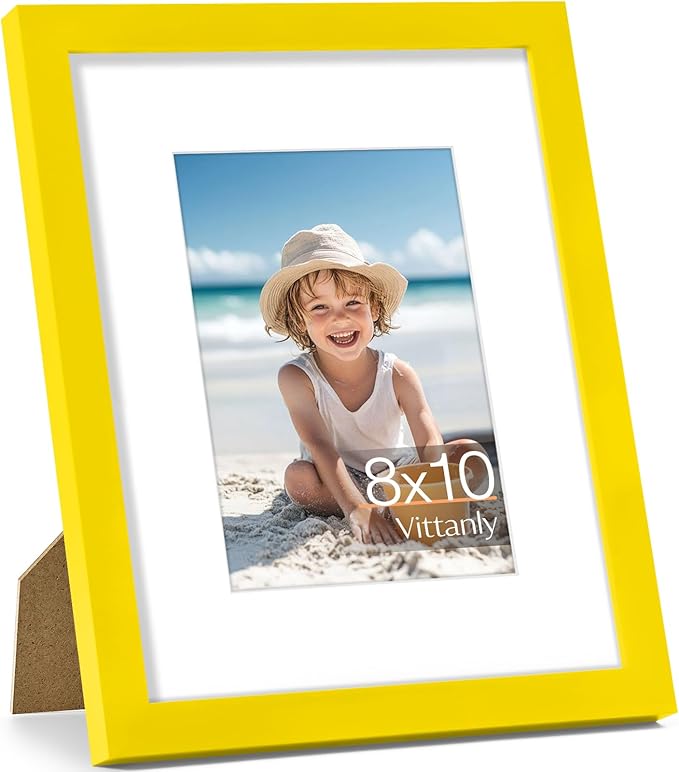 Vittanly 8x10 Picture Frame, Made of Solid Wood and Shatterproof Plexiglass, Display Pictures 5x7 with Mat or 8x10 without Mat, Wooden Photo Frame for Wall Mounting or Tabletop Display, Yellow, 1 Pack
