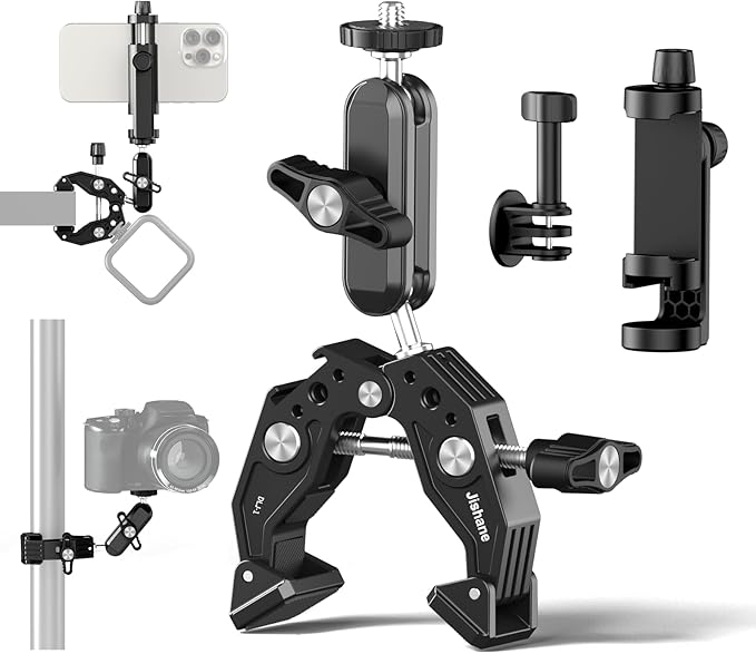 Super Clamp Mount with 360° Dual Ballhead & Magic Arm,Anti-Fall 360° Rotating Motorbike Phone Holder Camera Clamp for DSLR,GoPro Hero 13,DJI OSMO Pocket 3,Insta 360 X5 Fits Mountain/Scooter/Dirt