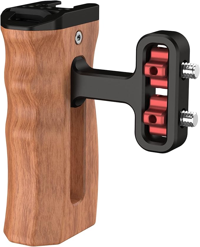Poyinco Wooden Mini Handle Side Handgrip with 1/4"-20 Screws for Digital Camera DSLR Camera Cage with Cold Shoe Mount Built-in Wrench can Up and Down Adjustable - Black