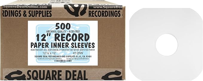 (500) Archival Quality Acid-Free Heavyweight Paper Inner Sleeves with Hole for 12" Vinyl Records - Durable 20# Paper - Easy Record Insertion - #12IW