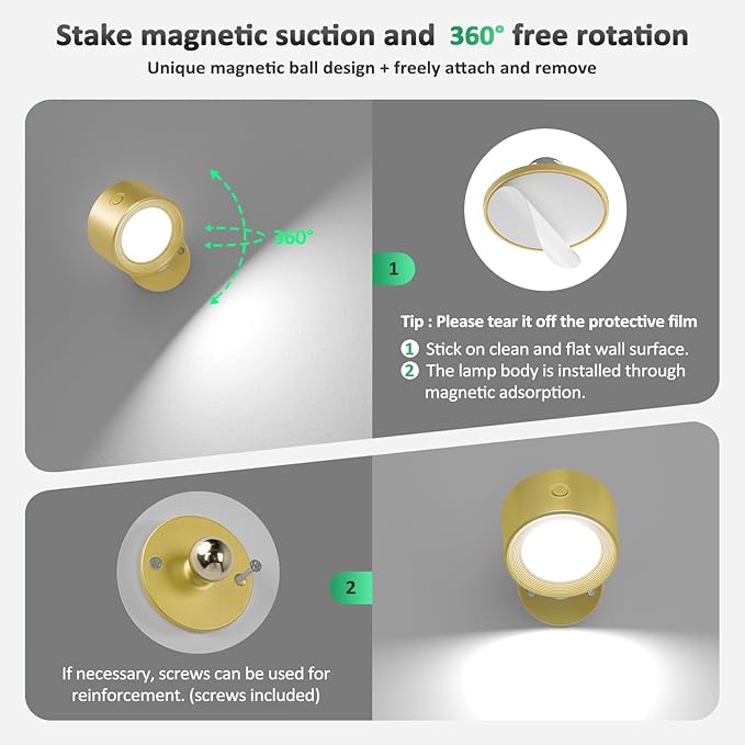 Lightbiz LED Wall Lights 2 Pcs with Remote, Wall Sconces Lamp Rechargeable Battery Operated, 3 Color Temperatures & Dimmable Magnetic 360° Rotation Cordless for Bedroom Bedside