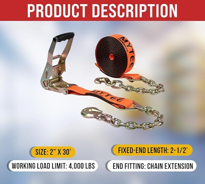 Mytee Products 10 Pack 2" x30' Orange Ratchet Strap with Chain Anchor - 4000 Lbs WLL High Abrasion Heavy Duty Tie Down Cargo Truck Straps with Chan Anchor for Flatbed, Truck, Trailers, Pickup