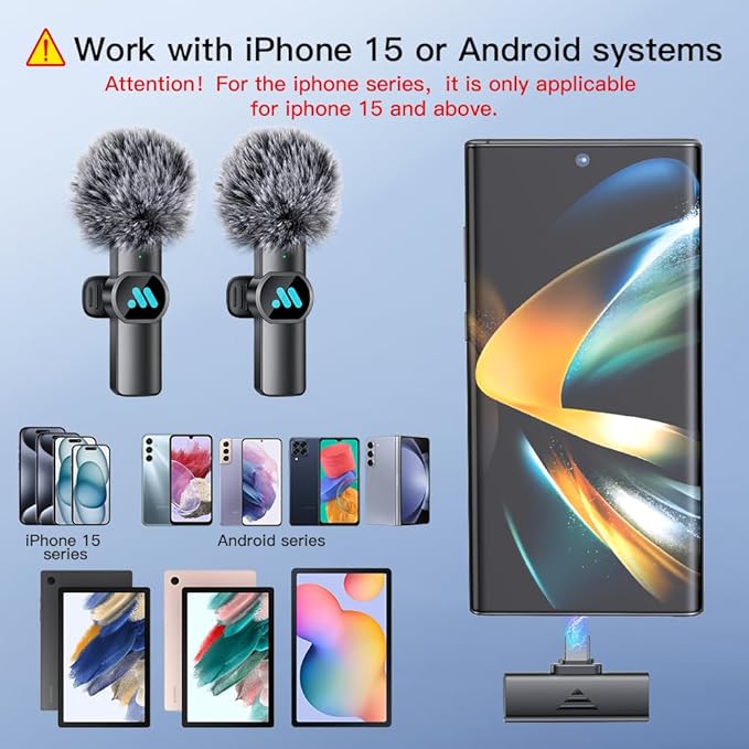 2pcs Lavalier Wireless Microphone for iPhone 15/16/Android Video Recording,Mini Microphone for Game Live Streaming,interviews,YouTube,TikTok,Vlog