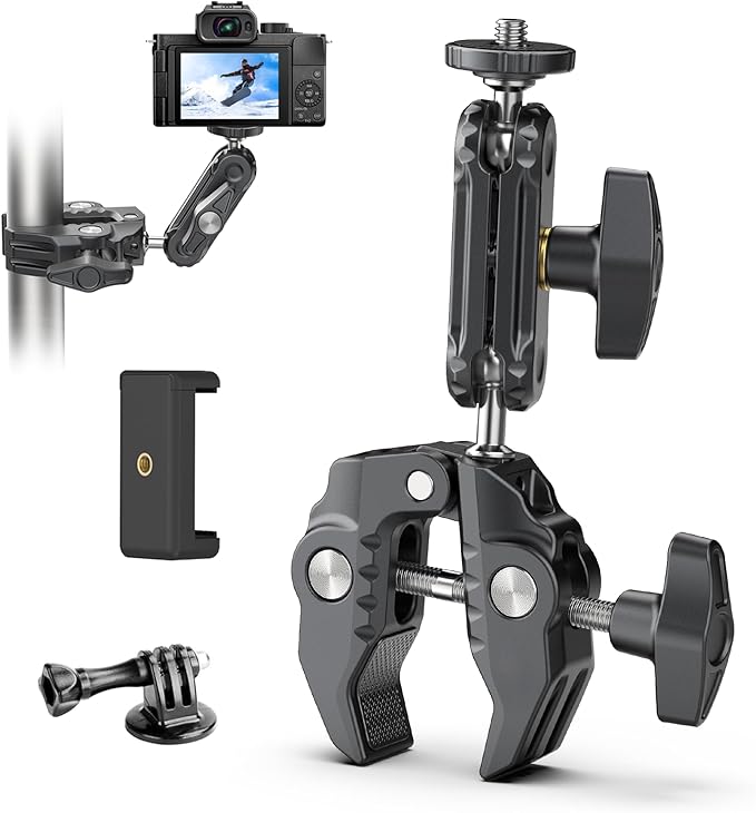 XIAOTJ Super Clamp Camera Mount with Magic Arm Double 360° Ballhead and Phone Tripod Mount/Action Camera Adapter for Phone/GoPro DJI Insta360/Monitor/DSLR/Motorcycle Bike Handlebar Gun Scope Mounts