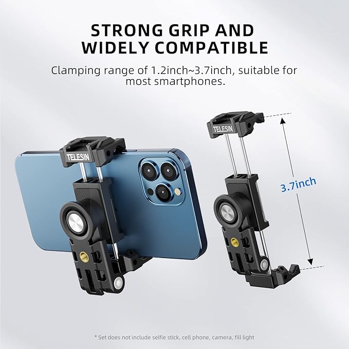 TELESIN Phone Tripod Mount Holder Adapter Clip, Adjustable Cell Phone Stand Holder with Cold Shoe, Phone Clamp Video Recording Rig Bracket for iPhone 15 14 13 12 11 Android Samsung Galaxy Accessories