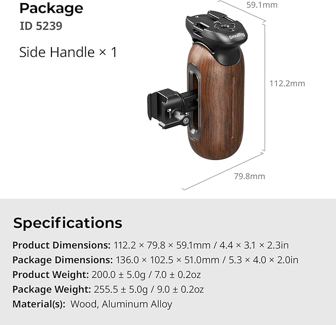 SmallRig Wooden Side Handle for Camera Cages with NATO Clamp, Left or Right Side Ergonomic Handgrip, 27mm / 1.06in Up/Down Vertical Adjustment, 15kg / 33.1lb Load Capacity