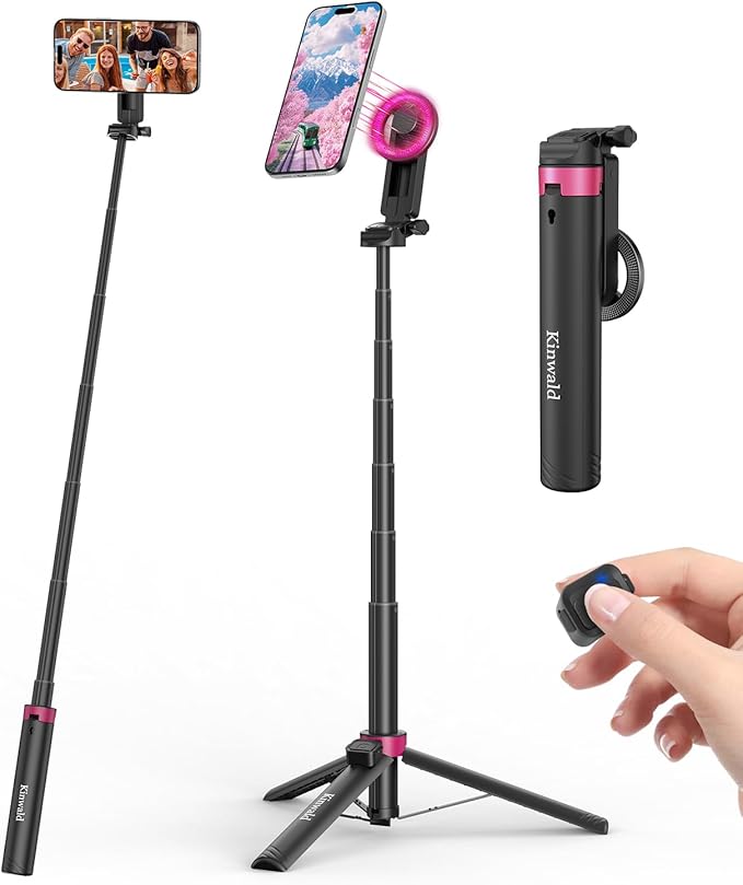 57" MagSafe Compatible Phone Tripod with Remote, Strong Magnetic Selfie Stick, Secure & Portable Tripod for iPhone Android, Travel Video Recording & Vlog (Black)