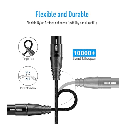 SONICAKE XLR Microphone Cable Male to Female 3 Pin Nylon Braided for Studio Recording and Live Production 6 Feet/2M, Black