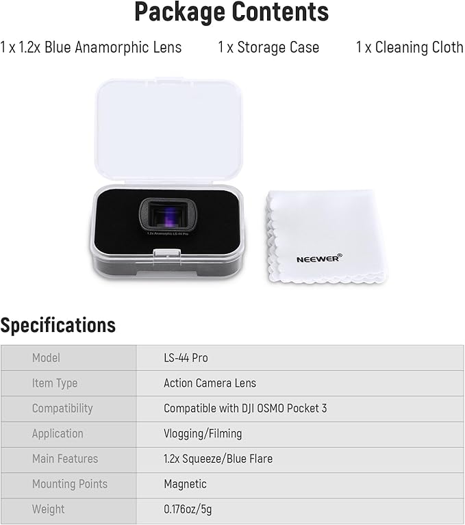 NEEWER 1.2X Blue Anamorphic Lens Compatible with DJI Osmo Pocket 3 & Creator Combo Accessories, Cinematic Blue Streak Widescreen Effect Magnetic HD Optical Glass Lens for Photography Video, LS-44 Pro