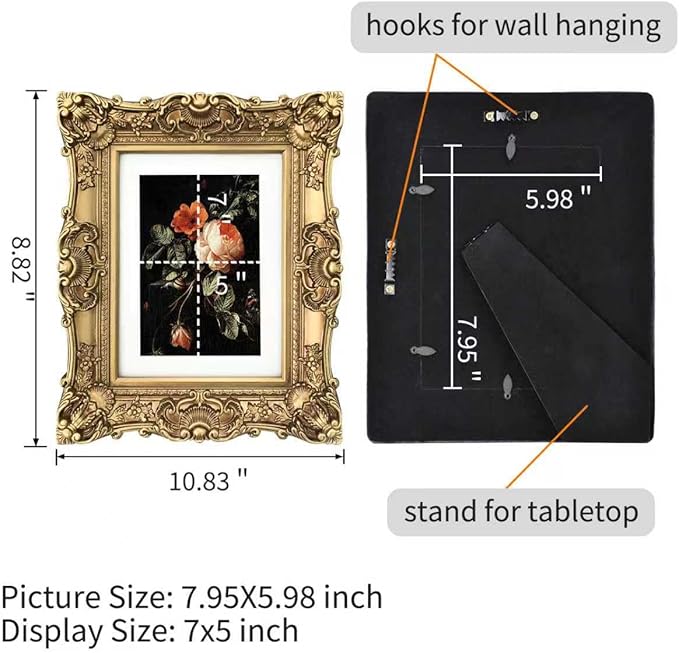 Vintage Picture Frames 6x8, Antique Gold Frame ,Ornate Baroque Photo Frame with Acrylic Glass Front, Tabletop Wall Hanging, Photo Display,Gift Ideas