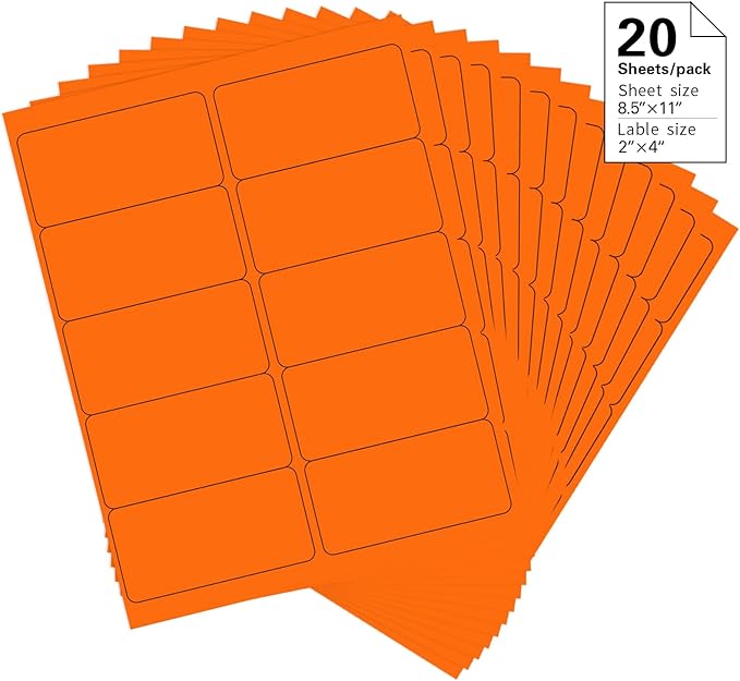 2" x 4" Colored Address Labels, 200 Bright Orange Label Stickers- Laser/Ink Jet Printer Mailing Labels, 8.5"x11" 20 per Sheet