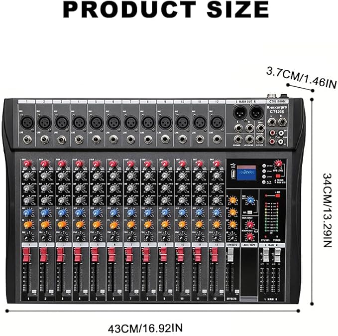 12 Channel Professional Audio Mixer Console Sound Board with 48V Phantom Power,USB Audio Interface for Live Show,Streaming Recording Music Stage Karaoke