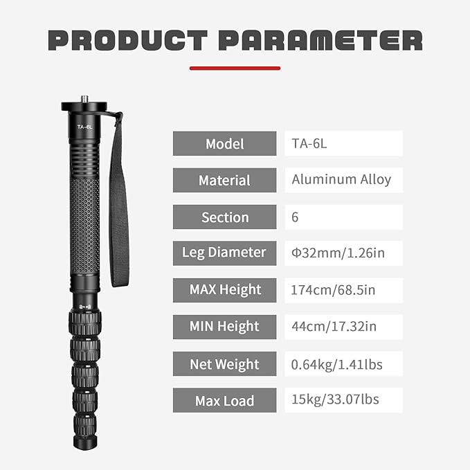 TONYBOO 68.5” Monopod for Camera,Φ32mm 6-Section Aluminum Camera Monopod Stand, with Wrist Strap, Rubber Grip, Twist Locks, Compatible with Photography DSLR Camera Mirrorless, Max Load 33 lbs - TA-6L