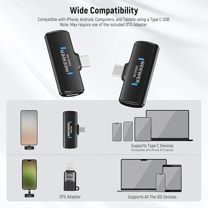 NEEWER Wireless Lavalier Microphone System for iPhone, Mini Clip on Lapel Mic Set with 2 USB C Transmitters/4 Receivers/OTG Adapter Compatible with iPhone Android Phone Computer Tablet, Black, KM20