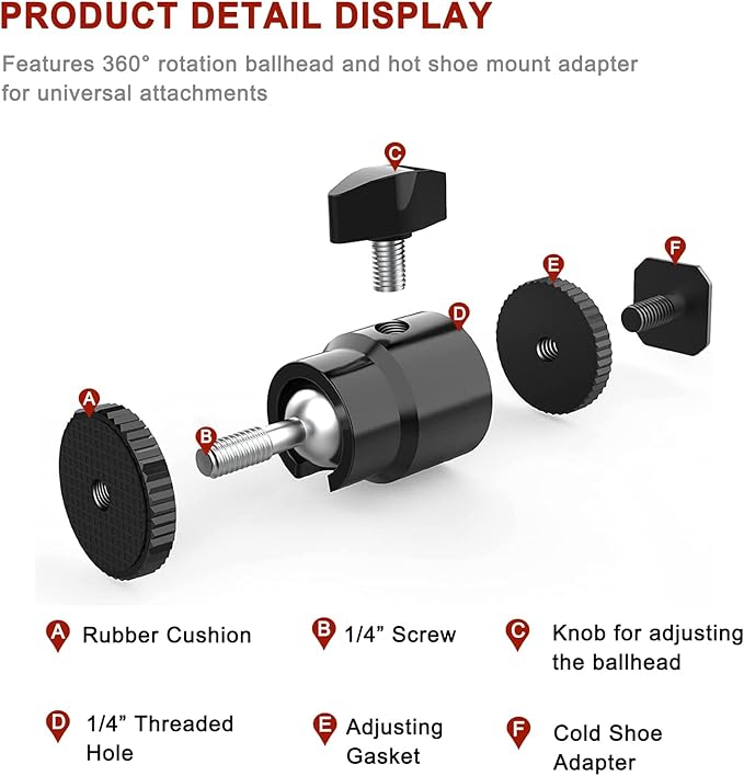 Camera Hot Shoe Mount with 1/4" Screw and Ball Head Adapter - Compatible with Camera, Camcorder, Smartphone, Action Camera, LED Lights, Microphone - 2 Pack
