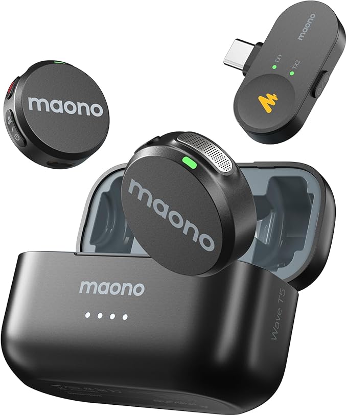 MAONO Wireless Lavalier Microphone for iPhone 17/16/15/Android/Tablet, USB C Mini Mic with 48KHz 24Bit, 300m Range, Voice Filter, Noise Cancellation, 30H Use for Video Recording, Streaming - Wave T5