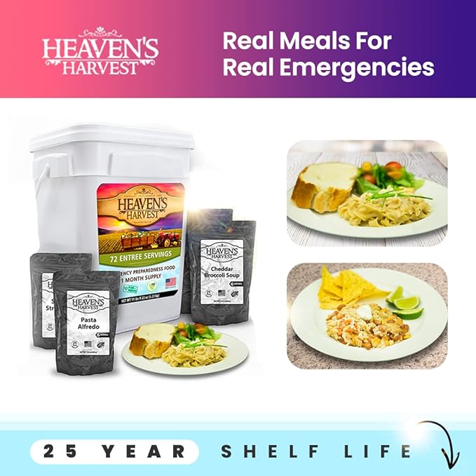 Heaven’s Harvest 25-Year Family Food Kit — Premium Emergency Food Supply. Freeze Dried Survival Food Kit + Water-Proof 25-Year Storage Bucket. MRE Meals, Non-Perishable Camping Food