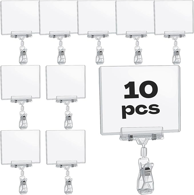 Epakh 10 Pieces Sign Clips Rotating Price Tag Clip Swivel Sign Holder for Handrails or Tubes with 10 Pieces Hard Card Sleeves PVC Card Protector for Shelves Store Supermarket(Thumb Clip Style)