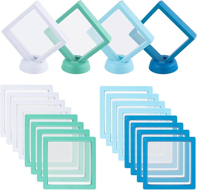 20 Pcs Floating Frame Case with Stands, 3.5X 3.5 x 0.8 inch, Challenge Coin Display,Transparent PE Jewelry Storage Box, Floating Display Holder Stands for Antique Challenge Coins, Medallion(Color C)