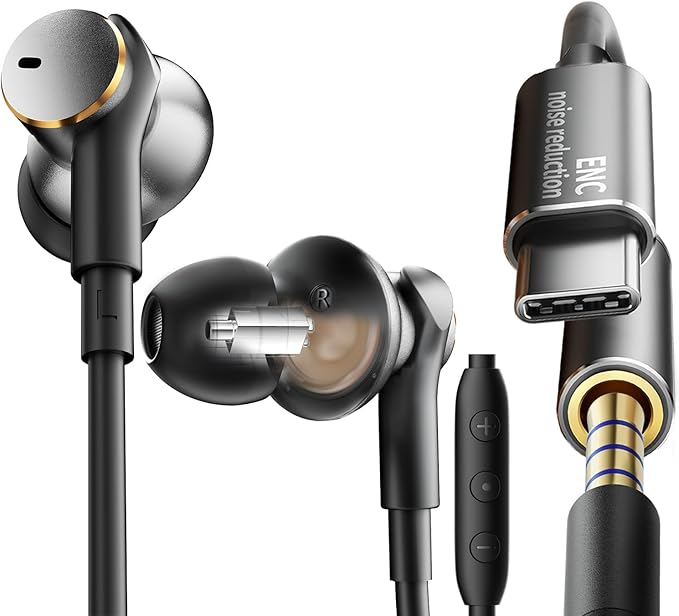 Premium Wired Ear bud with ENC Noise Reduction-Rich Deep Bass Dual-Driver In-Ear Eerphones,Call Noise Cancellation Earbuds USB C,Noise-Isolating Headphone Wired Volume Control (3.5MM & USB C Plug)