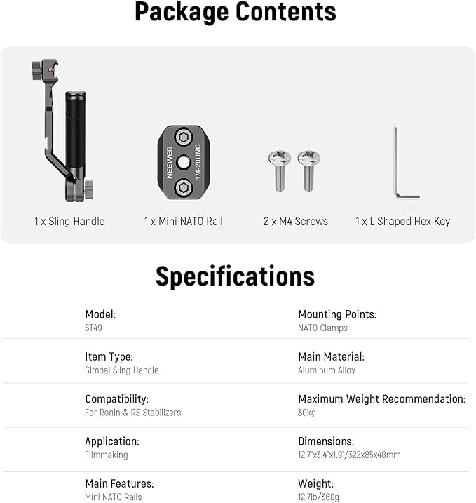 NEEWER RS4 RS3 Adjustable Gimbal Sling Handle Grip with NATO Rail, Compatible with DJI RS4 RS4 Pro RS3 RS3 Pro RS3 Mini RS2 RSC2 Ronin-S Ronin-SC for Low Angle Shot, Max Load 13.2lb, ST49
