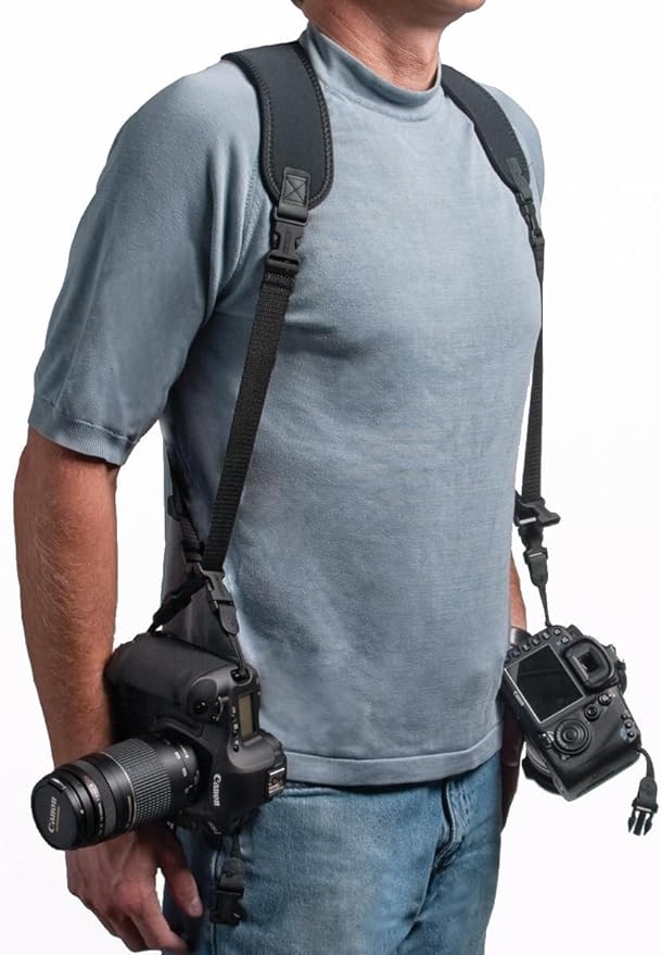 OP/TECH USA Dual Camera Harness – Neoprene Shoulder Harness for Two Cameras | Comfortable, Adjustable DSLR/SLR Strap System with Quick-Release Connectors – Black, Made in USA