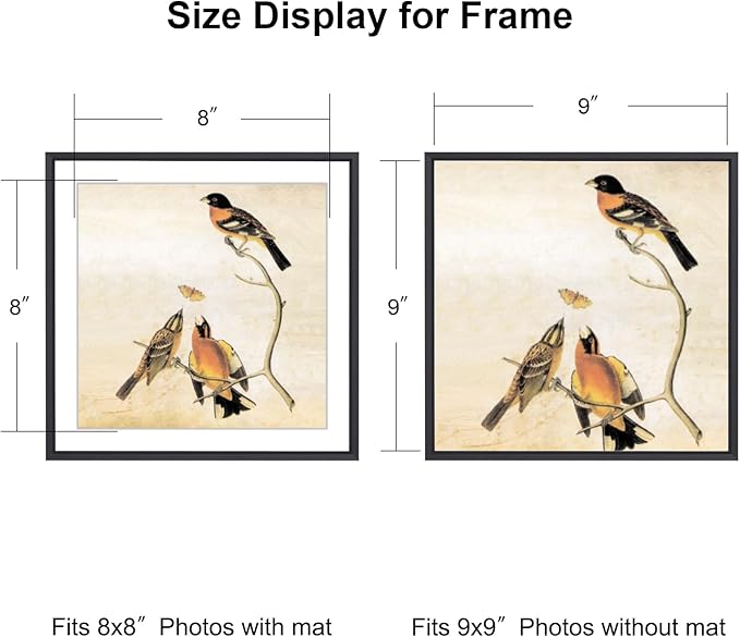 9x9 Picture Frame, Black Metal Square Photo Frames with HD Glass, Fits 8x8 with Mat or 9 x 9 without Mat, Display for Wall and Table, 1 Pack