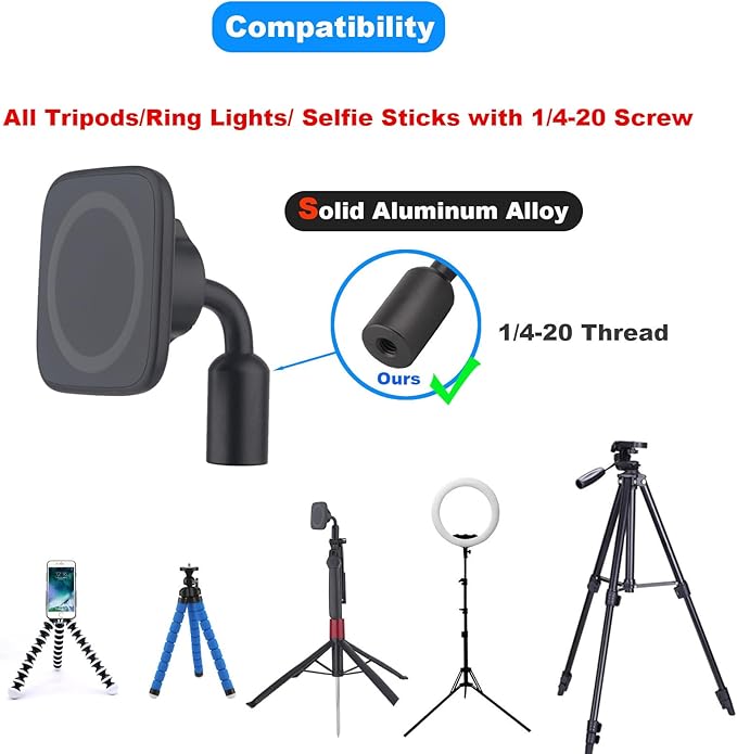 Magnetic Tripod Mount Adapter for Magsafe, with 1/4"-20 Screw Hole, Compatible with iPhone 16 15 14 13 12 All Phones (Square-Shape)