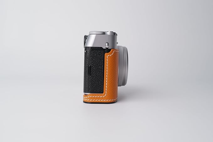 Genuine Leather Camera Half Case for Fujifilm X100VI - Top Layer Cowhide Body + Metal Base Plate - Hand Shank Free Design (Orange)
