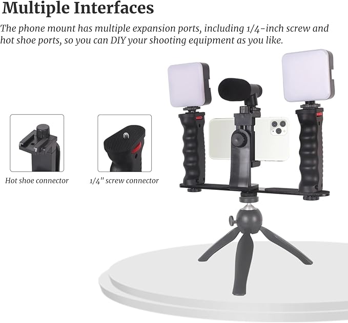 Smartphone Video Rig with Handle, 1/4in Screw, Cold Shoe Interface, Phone Video Stabilizer Grip for Live Streaming, Vlogging Cage