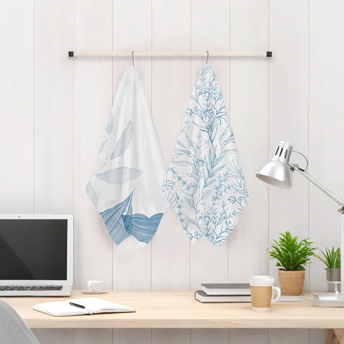 2Pcs Chinoiserie Floral Kitchen Towels 24x14 Inch, Minimalist Blue Leaves Watercolor Hand Towels for Kitchen Home Decor, White Absorbent Dish Cloth Tea Towel, Home Gifts for Women Mom Grandma