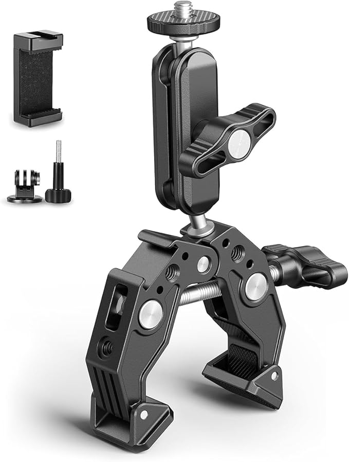 Super Clamp Camera Clamp Mount Monitor 360° Ballhead Magic Arm Double Ball Head Adapter with 1/4"-20 & 3/8"-16 Thread for Canon Nikon DSLR Camera