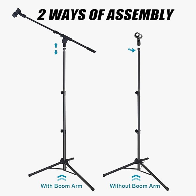 GLEAM Microphone Stand for Light Microphone less than 1 LB - Tripod Boom Arm Mic Stand with Carrying Bag, 2 Mic Clips and Screw Adapter Portable for Singing Performance Wedding Stage and Mic Mount
