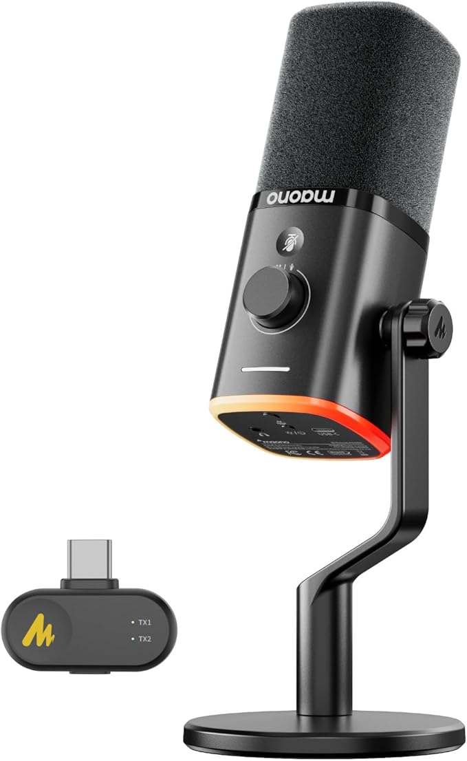 MAONO PD100W Wireless/USB Microphone, PC Gaming Streaming Dynamic Mic with One-Click Noise Reduction,Mute Button,Custom RGB, 3.5mm Headphone Jack, Desktop Podcasting Mic for Computer Phone, Black