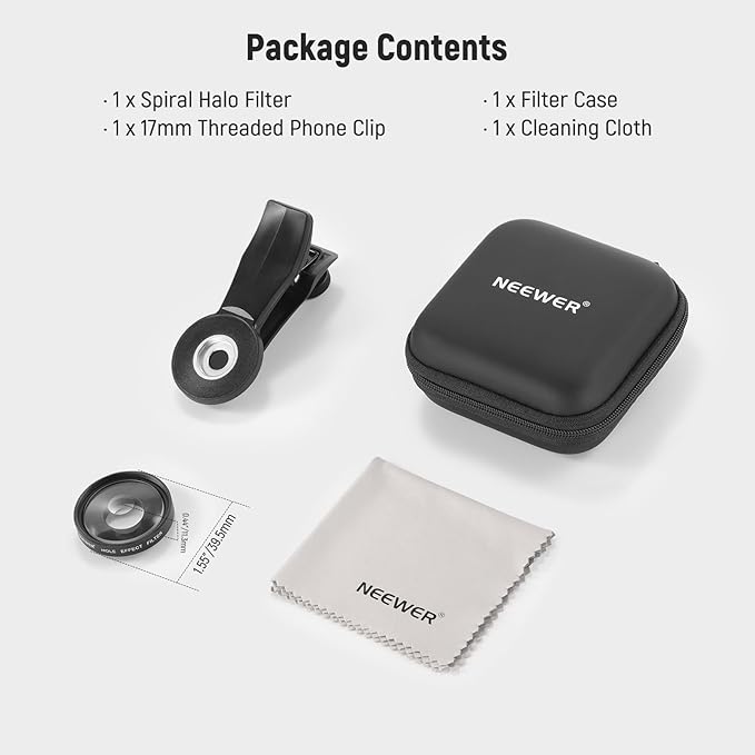 NEEWER 37mm Spiral Halo Prism Filter with Phone Clip, K9 Crystal Glass Effect Filter, Phone Camera Lens Accessories for 17mm Threaded Backplate Cage Case Compatible with iPhone Samsung Android, FL-100