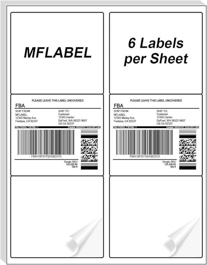 MFLABEL 3-1/3" x 4" FBA Address Labels, 6-Up, White, Laser/Ink Jet Printer Compatible, 6 Per Page (24000 Labels, 4000 Sheets)