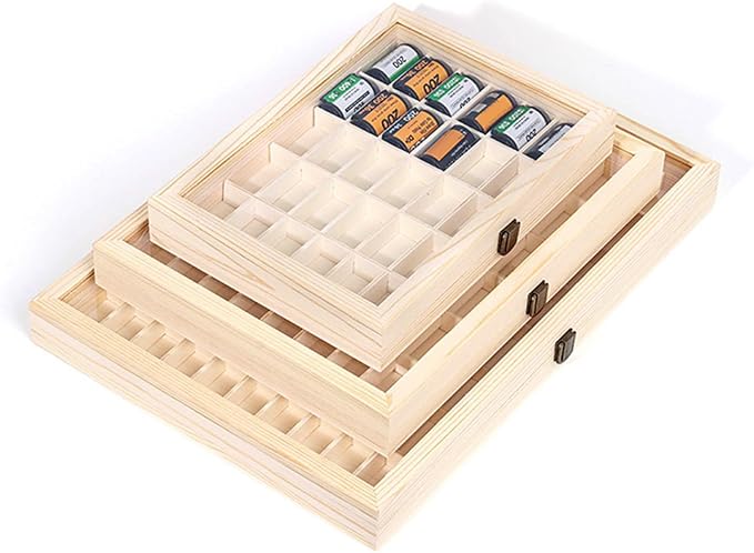 Space Saving Film Roll Container Wood Display Case with Clear View Storage Box for Professional and Amateur Use Exhibition Film Holder