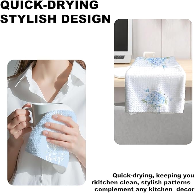 2Pcs Hydrangea Bouquet Kitchen Towels, 24x14 Inch Spring Butterfly Waffle Hand Towels for Kitchen Farmhouse Decor, Absorbent Durable Microfiber Dish Cloth Tea Towel, Home Gifts for Women Mom