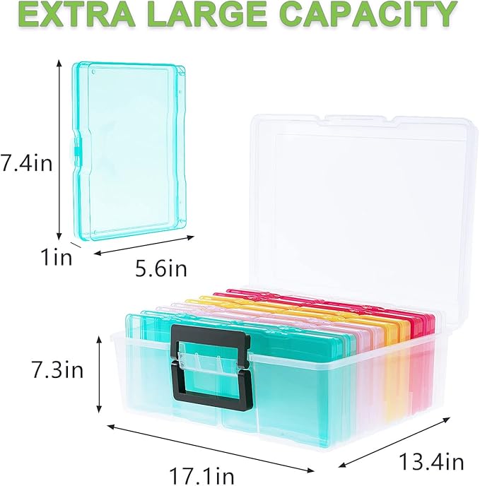 IDekooror Photo Storage Box 5" x 7", 18 Inner Extra Large Photo Organizer Container, Plastic Craft Storage Box with Handle for Pictures Stickers Stamps Seeds