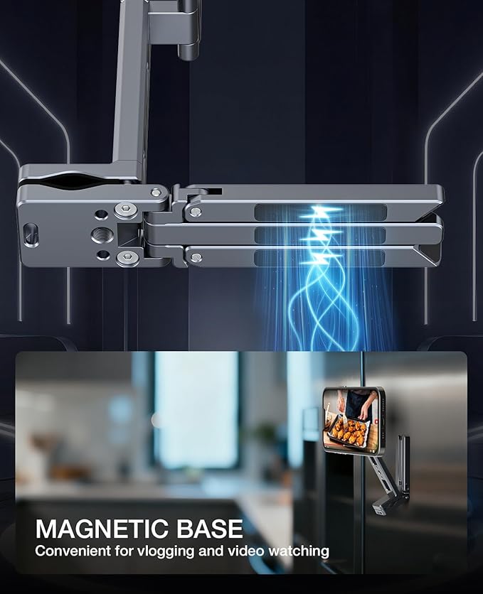 Magnetic Phone Tripod,360°Rotating Adjustable Travel Tripod Mount,Foldable Cell Phone Stand with Clip&1/4" Screw for iPhone 17/16/15/14/13/12 Pro Max&Magsafe Tripod,Fits Gym,Vlog,Travel,Kitchen