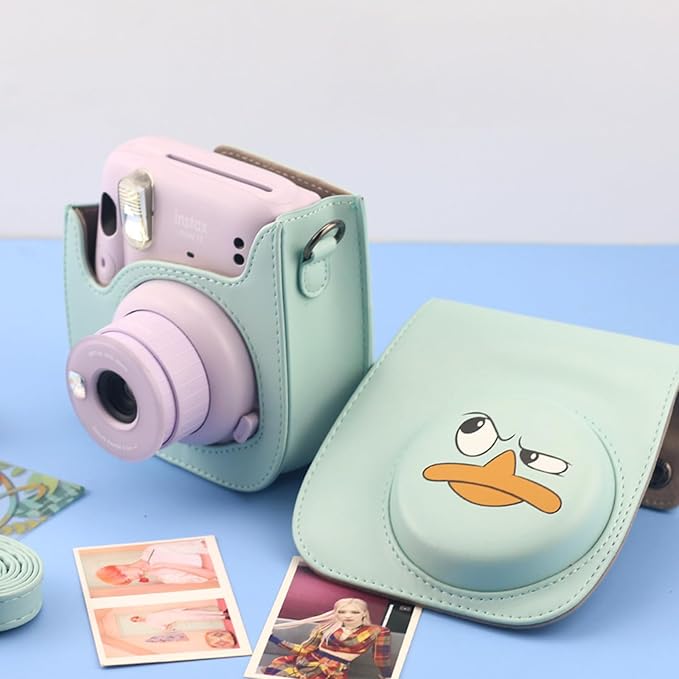Frankmate Protective Case Fit for Fujifilm Instax Mini 12 11 9 8 Camera, PU Leather Camera Bag with Pocket and Adjustable Shoulder Strap (Cute Duck)