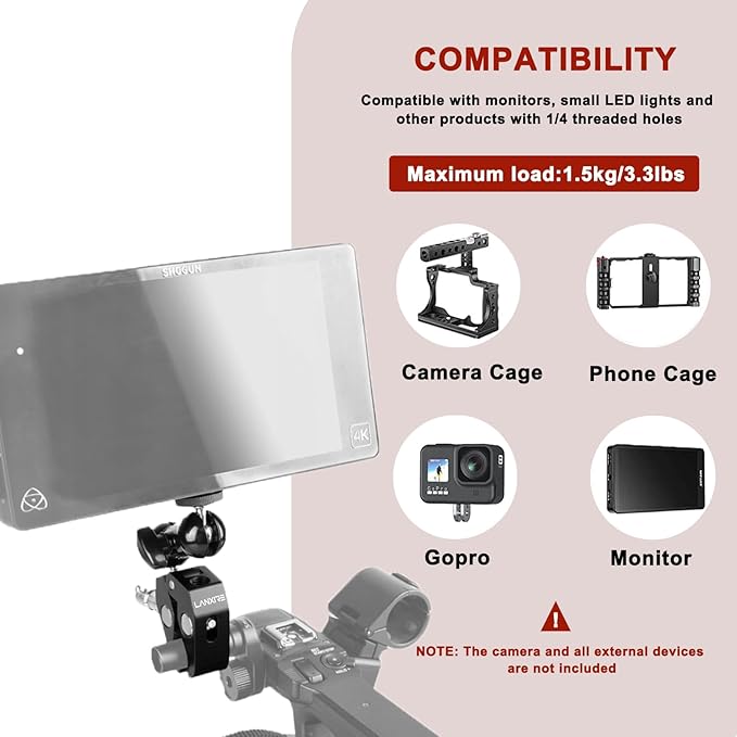 Super Clamp Camera Mount with Double Ball Head Magic Arm and 1/4" Screw - 360° Rotation - Fits for Camera, GoPro, Insta360, Action Camera, Monitor, Microphone - 1/4" and 3/8" Threaded Holes