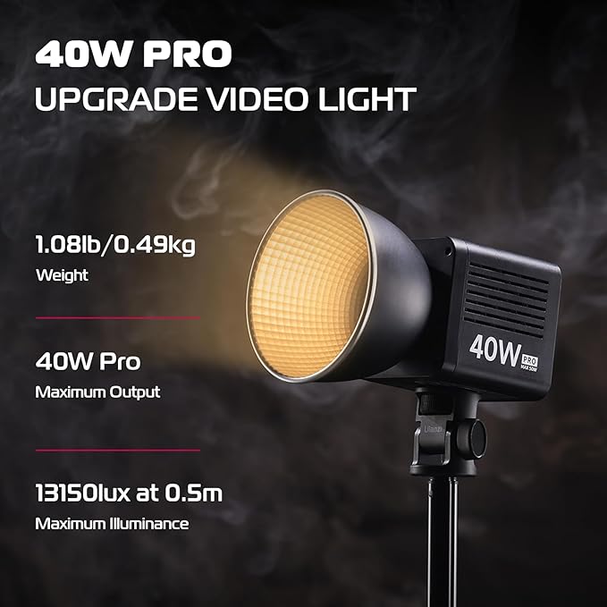 ULANZI 40W Pro Portable LED Video Light with DC Power Adapter, 3400mAh Build-in Battery Metal Mini Dual Color Temperature COB Continuous Output Lighting Handheld Spotlight 2500K-6500K for Video