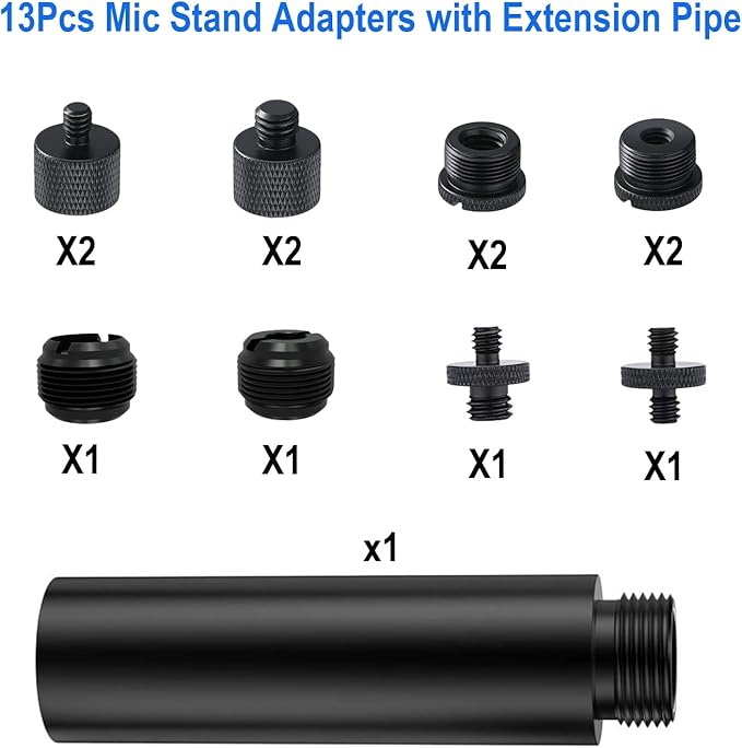 13 Pack Microphone Stand Adapter Screws with Extension Tube,Black Aluminum Alloy,3/8 to 5/8 and 1/4 Threaded Screw Mount for Mic Boom Arm,Camera Tripod,Projector Stand Arm,Fill Light
