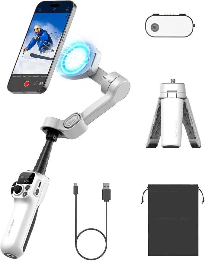 AOCHUAN 3-Axis Phone Gimbal for iPhone, Gimbal Stabilizer with AI Auto 360°Pan Tracking, Built-in Extension Rod, Fill Light, Quick Launch, Magnetic Phone Stabilizer for Video Recording-Smart P2