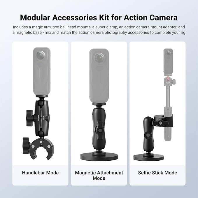 NEEWER Motorcycle Bicycle Handlebar Clamp Holder Magnetic Car Mount Accessories Kit Compatible with Insta360 X5 X4 X3 GoPro DJI AKASO Action Cameras, 360° Ball Heads for POV Video Recording, CA175