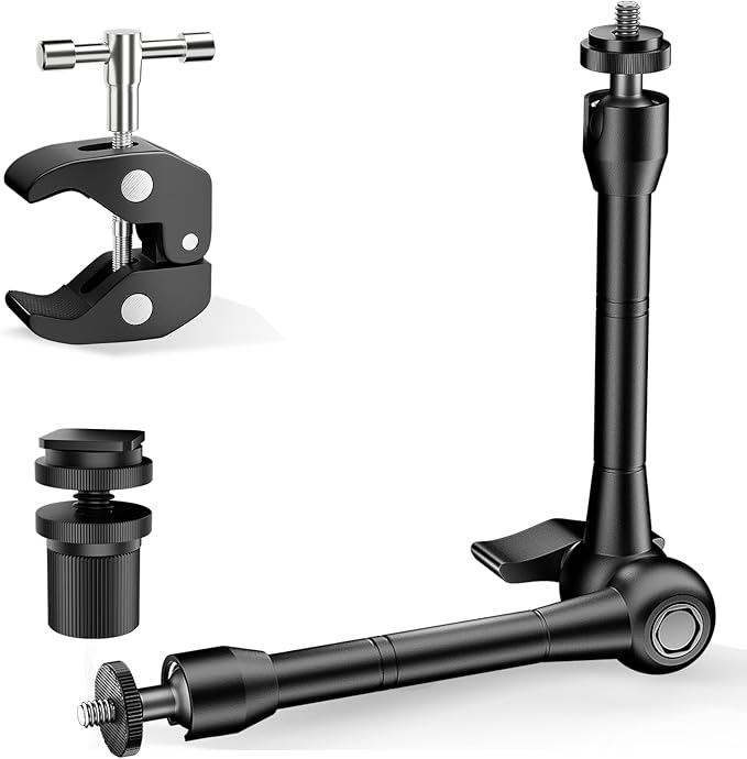 Magic Arm with Super Clamp Kit, 9.8" Adjustable Magic Arm Camera Mount with 1/4" & 3/8" Threads, 360° Rotation Adjustment for Monitor Flash LED Light Microphone Camera Cage Action Cam