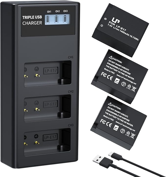LP LP-E17 Battery and Charger Set, 3-Pack LP E17 1450mAh Battery & Triple Slot Charger for Canon EOS R50 RP R8 R10, Rebel T8i, T7i, T6i, T6s, SL2, SL3, EOS M3, M5, M6, EOS 200D, 77D, 750D, 760D, 800D
