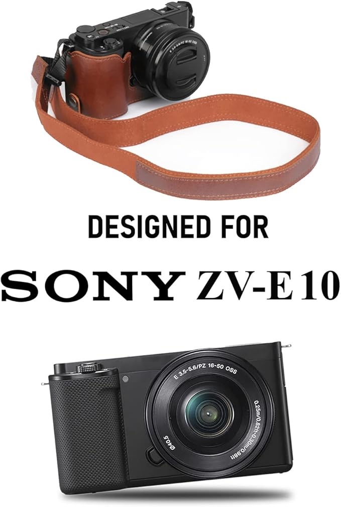 MegaGear Ever Ready Genuine Leather Camera Half Case Compatible with Sony ZV-E10 (Brown)