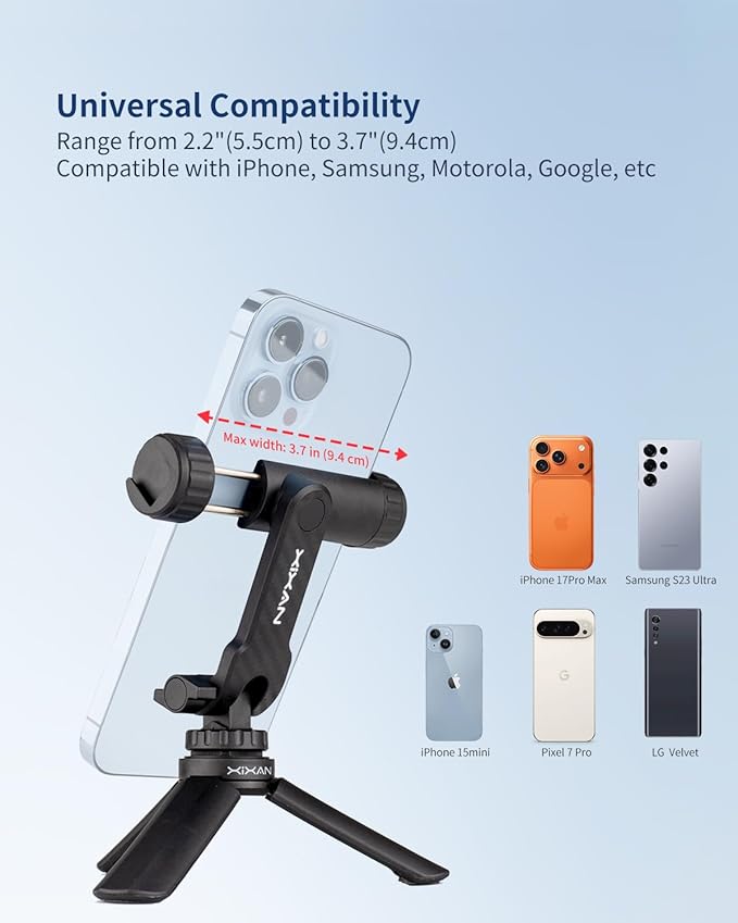 Phone Tripod Mount Adapter with Cold Shoes and 1/4" Screw, 360° Rotates and 180° Tilts Adjustable Cell Phone Clamp Holder, Compatible with iPhone Samsung and Universal Smartphone for Photography